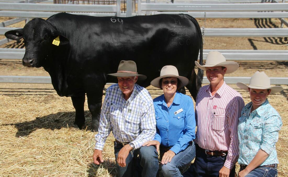 RECORD SUCCESS: A stud highlight for the Telpara Hills Brangus team, which includes Trevor, Maureen, Stephen and Fiona Pearce, was the record-breaking sale of Telpara Hills Van Damme 541H30 for $110,000.