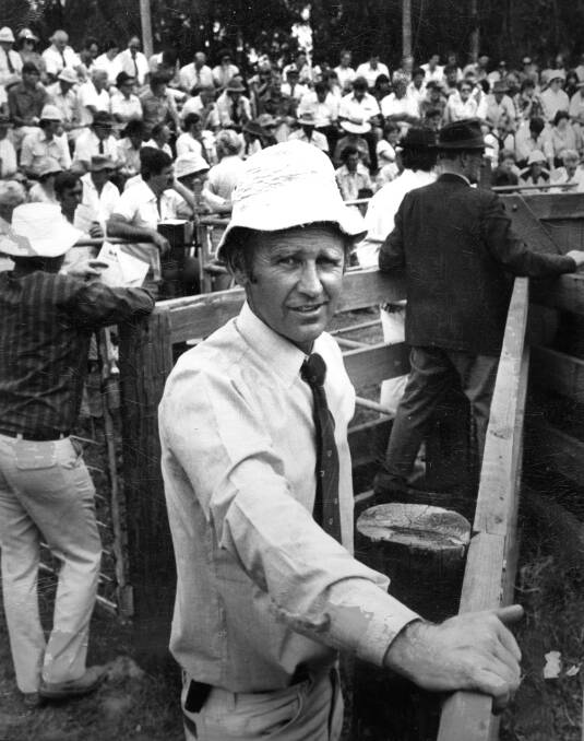 VALE: Andrew Gubbins photographed by Stock & Land during a 1970s Te Mania bull sale at Pardoo, Colac, with the crowd seated on his wood and earthen amphitheatre.