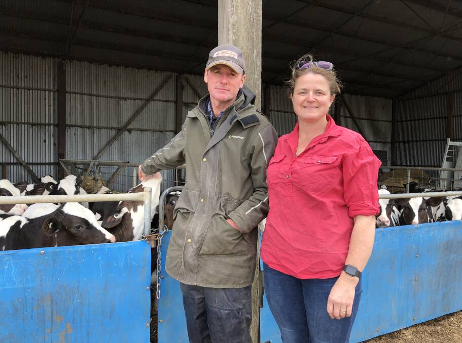 AT THE FOREFRONT: Daryl and Leah Brown, Koroit, with their spring-drop genomically-tested dairy replacement calves. Photo by Kaitlyn Brown.