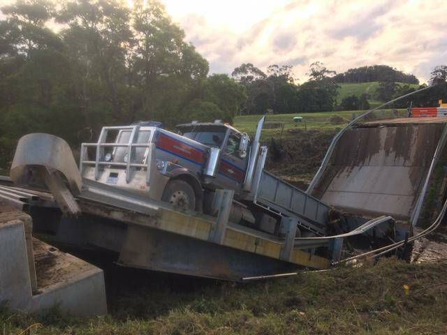 TRAGEDY AVERTED: A bridge south of Simpson collapsed while a farmer was driving over it on Wednesday, separating his dairy herd. Picture: Darren Ferrari