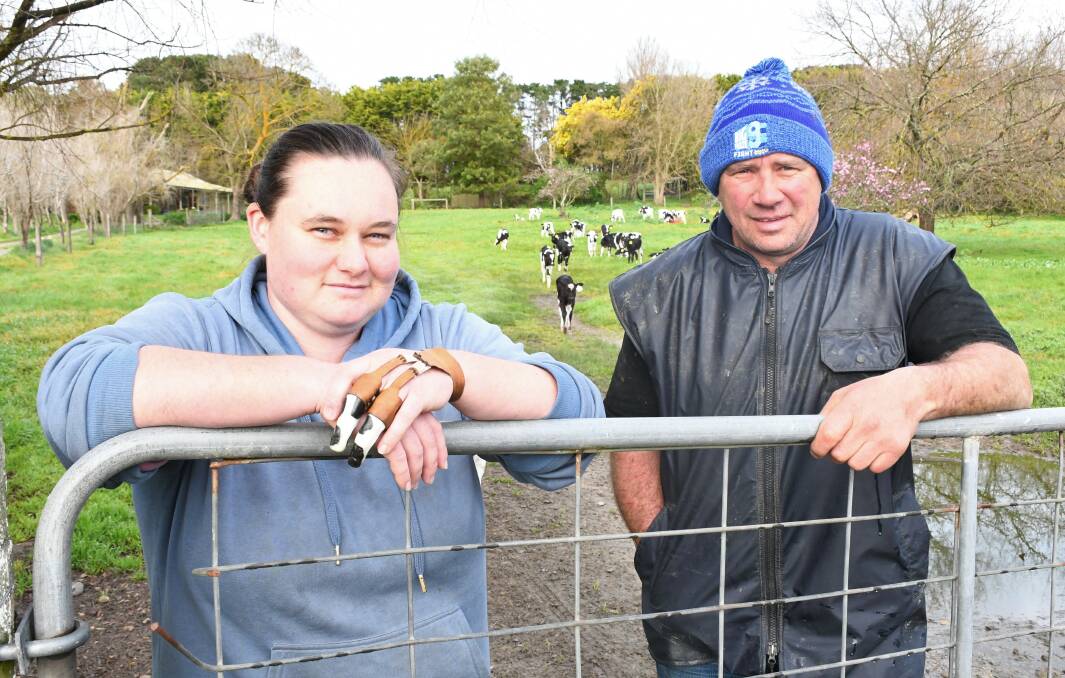 Researching, designing and making her own prosthetic fingers helped Briar Henderson, pictured with employer Perrin Hicks, get back to work at the Mount Compass, SA, dairy quickly after an on-farm accident in December. Picture by Quinton McCallum