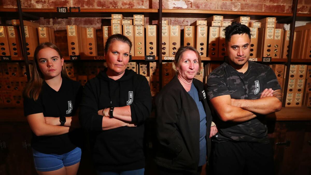 NOT HAPPY: Junee Licorice and Chocolate Factory workers Paige Vanzanten, Heidi Huckshold, Selina Kneubuhler and Chase King, whose employer could be hit by an Australia Post delivery ban. Picture: Emma Hillier.