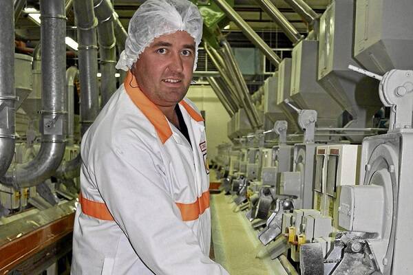 Sunrice Deniliquin Mill manufacturing manager, Cornelius van Dyk, inspects some rice after it has been through the whitener. 