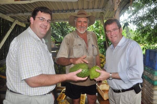 Member for Hinchinbrook and Minister for Natural Resources and Mines, Andrew Cripps, tropical fruit grower Peter Salleras and Agriculture Minister John McVeigh holding some soursop.
