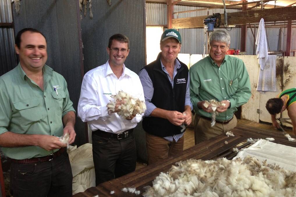 Tommy Warner, second from left, with Darren Tapper, general manager Southern NSW; Landmark client Doug Bruckner; and Richard Gearheard, president of Agrium Retail.