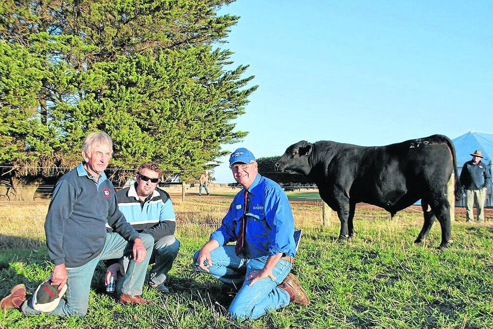 $9000 BULL: Barry and Damien Pitt, Sumatanga Park, Coonawarra, picked up this 995-kg bull at $9000. Also pictured is Banquet principal Stephen Branson.