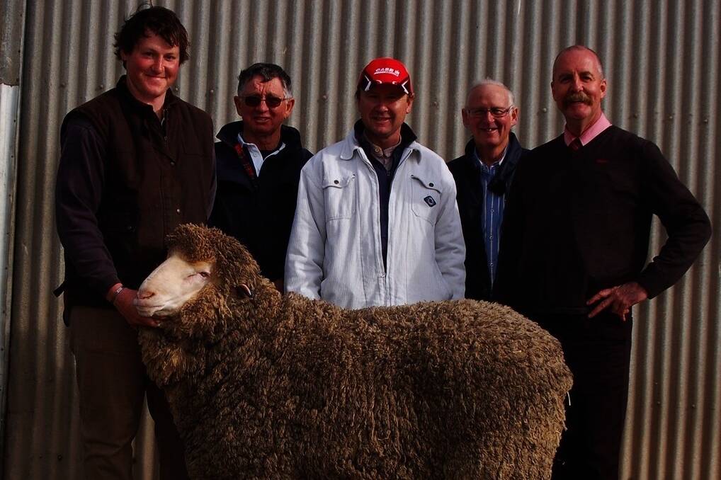 SALE-TOPPER: Holding the $11,000 top-price Poll Merino ram at Orrie Cowie is the stud’s John Dalla, with buyers David and Gavin Reade, Curramulka, Dennis Dalla, and Elders auctioneer Tom Penna.