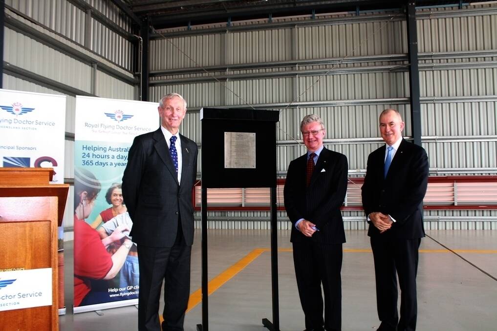 Bruce Scott, Queensland Governor Paul de Jersey and RFDS (Queensland Section) chairman Bill Mellor officially open the new RFDS Charleville base and hangar.
