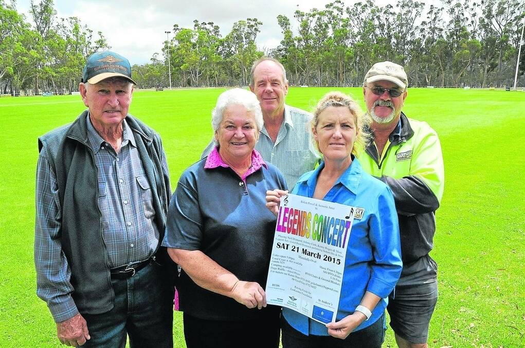 TUNED IN: Mundulla concert committee members Alan and Jan Thorpe, Karen and Greg ‘Nugget’ Hunt and Geoff Guy (back) at the Mundulla Oval where the Legends Concert will be held on March 21.