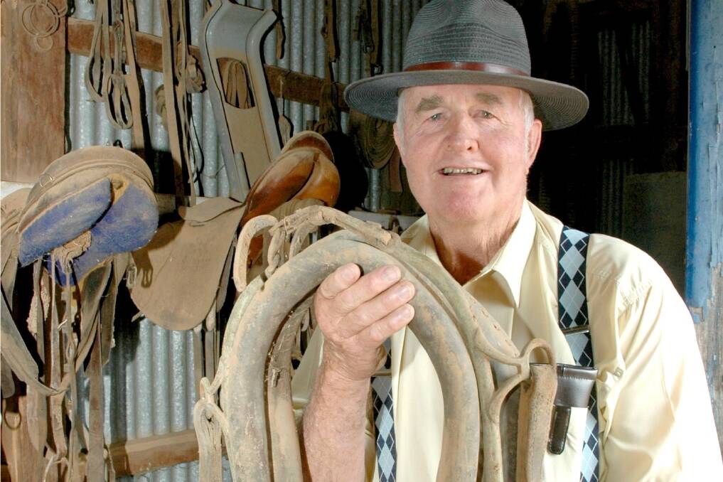 Ron Job, now retired at Parkes, says a lot of memories return as he inspects some of the horse harness and gear stored in the tack room at "The Grange", Peak Hill, which was attached to the original stables converted into a machinery shed and workshop a long time since working horse days.