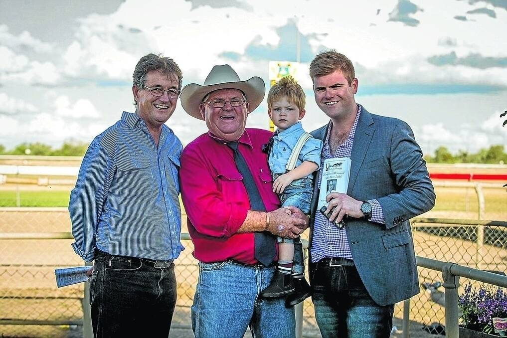 The late Harry Hart’s brother, John; Harry’s son, Phillip; Harry’s great grandson, Tom Tyndale, and Harry’s grandson, Michael Dumesny, who called the feature race, the Harry Hart Memorial Back O’ Bourke Picnic Cup.