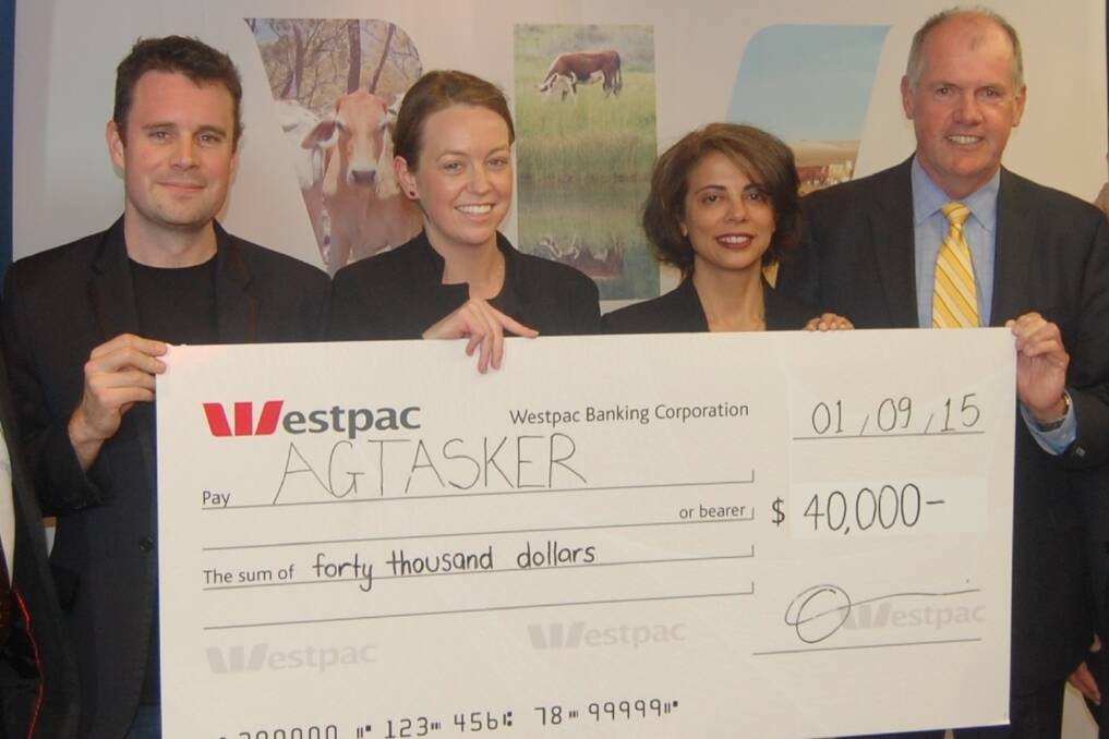 Sebastien Eckersley-Maslin, founder and CEO of BlueChilli, with Westpac Innovation Challenge winner, Ella Shannon from AgTasker; Westpac's Kalpana Gee and AFI executive director Mick Keogh.  