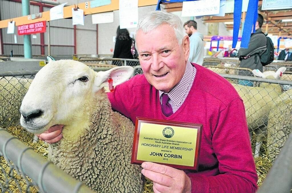 Morton stud principal John Corbin was awarded life membership of the Australian Sheep Stud Breeders Association during the interbreed judging at Adelaide, in recognition of his involvement in the industry, which includes more than 30 years on the ASSBA committee and four years as federal director.