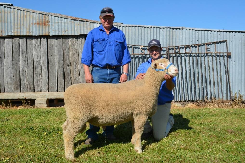 Springwaters' top priced ram went to Peter Sturgiss, “Kooradale,” Koorawatha. He is pictured with stud co-principal Dane Rowley.