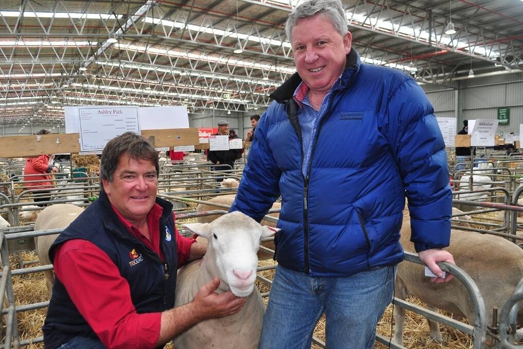 Ian Kyle, Ashley Park Poll Dorset, White Suffolk and Suffolk studs, Bairnsdale, Victoria, uses Regulin in his flock. He is pictured with Ceva Sante International Australian technology manager, Russ Davis, Melbourne.