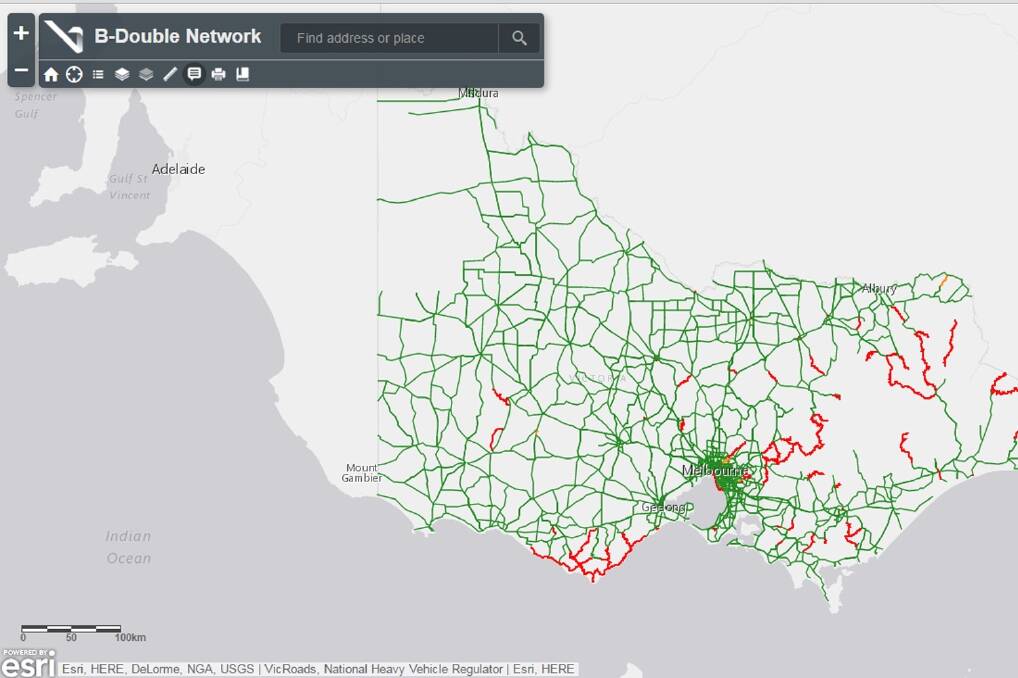 An example of one of the VicRoads maps showing where certain classes of heavy vehicles can go, Maps can be found at https://www.vicroads.vic.gov.au/business-and-industry/heavy-vehicle-industry/heavy-vehicle-map-networks-in-victoria.