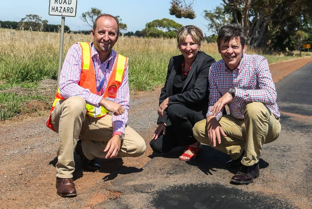 VicRoads's Mark Koliba, Member for Western Victoria Gayle Tierney and Roads Minister Luke Donnellan at Myamin-Macarthur Road. Picture: Amy Paton