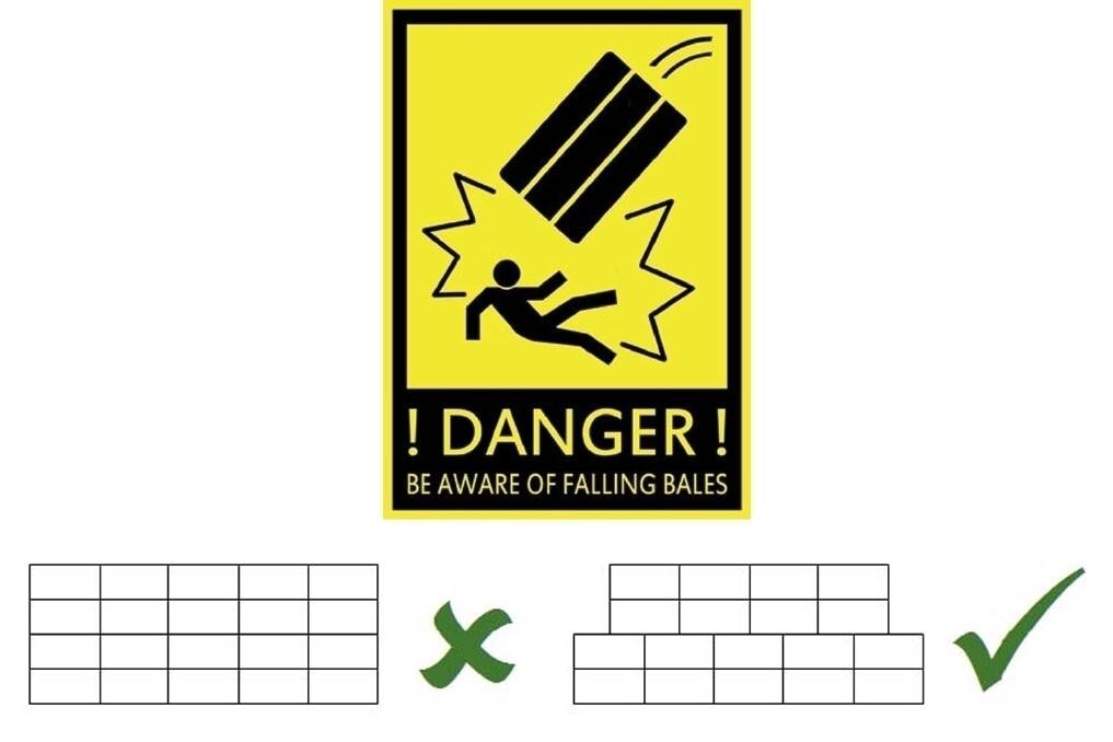 TOP: Figure 1: Example of a hay safety sign. BOTTOM: Figure 2: With a straight face there is a danger of bales falling over. A stepped face reduces risk of bales collapsing.