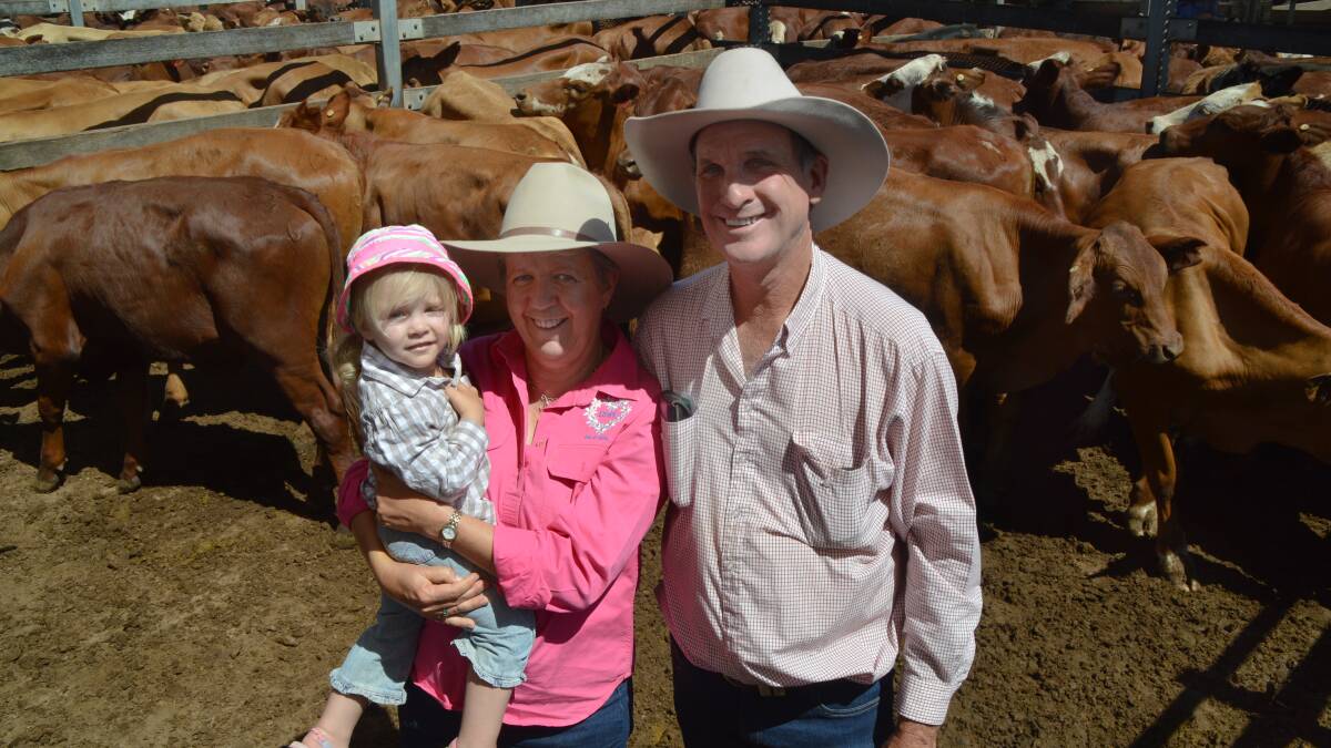 Kaye and Jim Bock with their granddaughter Matilda Bock, Kilto, Wandoan, achieved solid prices for their yarding of feeder cattle at Roma.