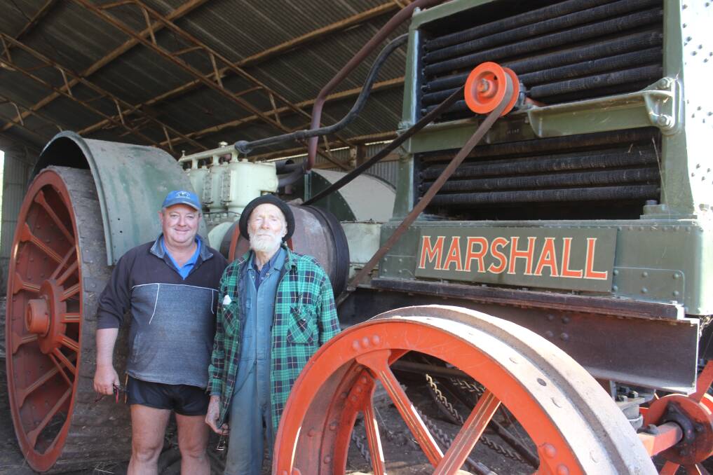 Matt Beer and Neville Morris with the rare 1914 Marshall Colonial oil tractor. Photo: Helen Walker