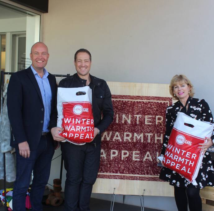 Toby Sandell, McGrath Real Estate principal, Matt Gregg, Manager of Metro Care and Leanne Gillam, McGrath Real Estate, at the Winter Warmth Appeal launch.