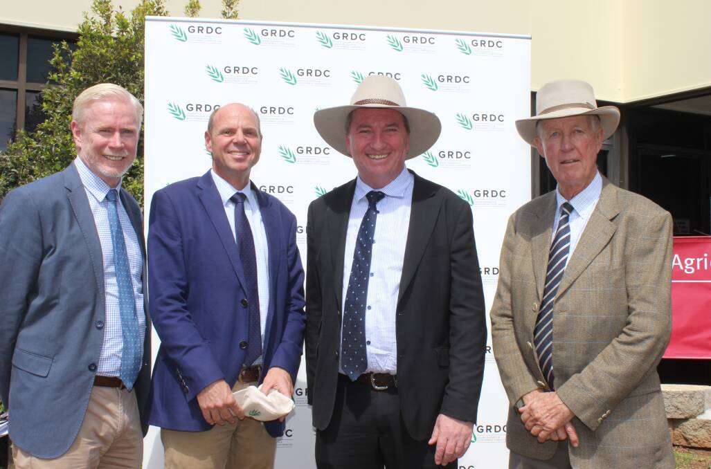 Grains Research into the future: Malcolm Letts Acting Directo-General Queensland Department of Agriculture and Fisheries, John Woods GRDC Chairman, The Hon Baraby Joyce MP, Deputy Prime Minister and Minister for Agriculture, and Tom Woods QCR Trust Chairman. Picture: Helen Walker