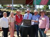 Deputy Prime Minister Barnaby Joyce took the opportunity to unveil the 20th anniversary plaque at the Paradise Lagoons Campdraft complex, and is pictured with Jennie Acton, Laura Dennis, Evan Acton, Ed McCormack and Tom Acton. Picture: Helen Walker. 