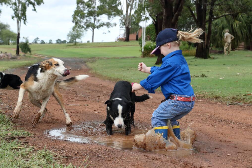 Two and a half year old Hunter Taylor has funplaying after 70mm rain at Planet Downs, Rolleston. Picture: Cate Taylor. 