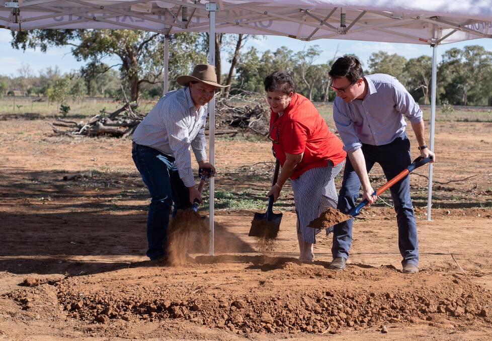 Oakey Beef Exports livestock coordinator, Daniel Meacham, Murweh Shire Mayor, Cr Annie Liston, and Federal Agriculture Minister, David Littleproud, turning the sod. 