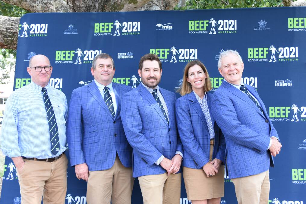 ROCKHAMPTON CALLING: Beef Australia CEO Ian Mill, director Russell Hughes, chairman of the board Bryce Camm, and directors Claire Mactaggart and Rodney Bell announcing that Beef Australia 2021 will go ahead. 