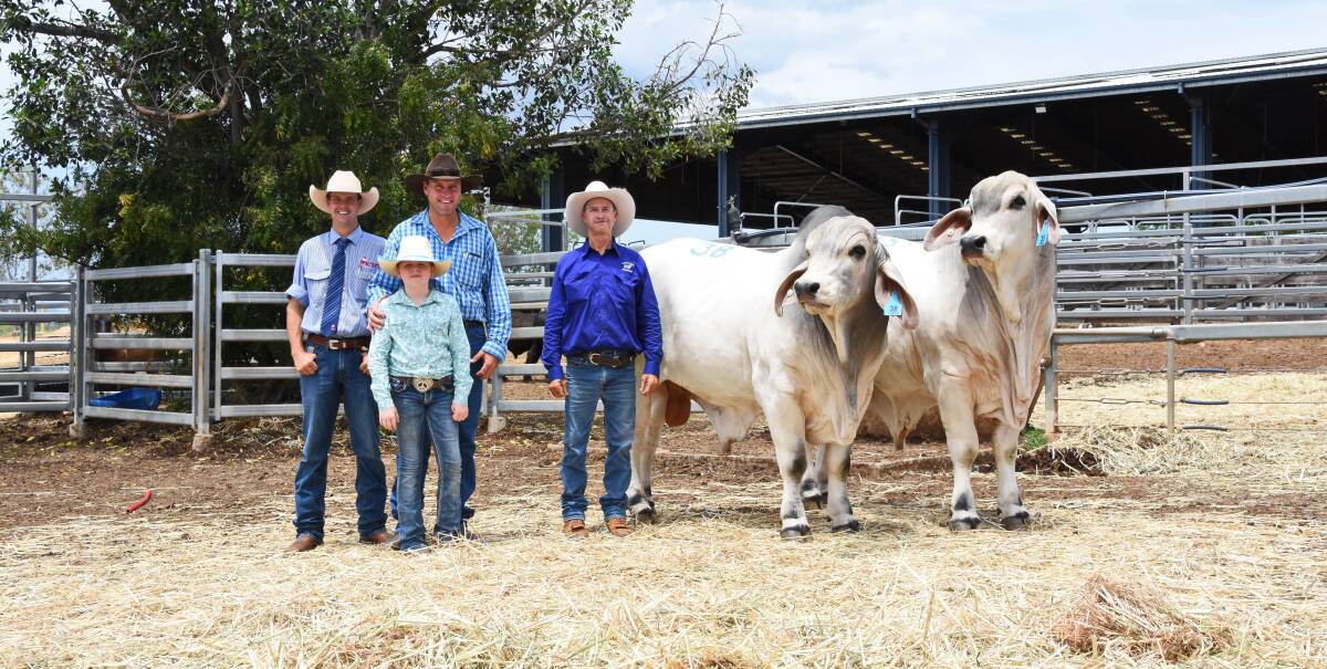 Selling agent Brad Passfield, Hourn and Bishop Qld, buyers Ray and Belle Fleming, Nosilla stud, McKinlay, and vendor Scott McCamley, Lancefield S stud, Dululu, with the $47,500 Lancefield S Orlando 6104/1 (PS) and the $40,000 Lancefield S McDermott 6091/1 (PP).