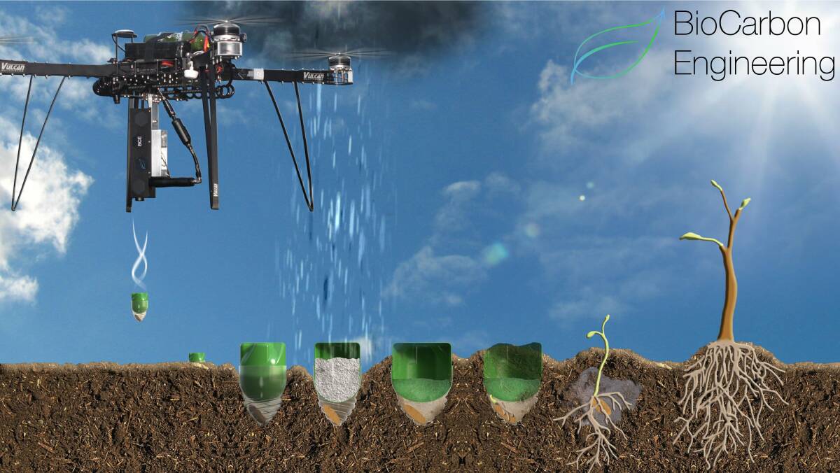 BioCarbon Engineering's two-metre diameter drones have a 15 kilogram payload, and use modified air rifles to fire seed pellets into the ground to sow a hectare in 18 minutes.