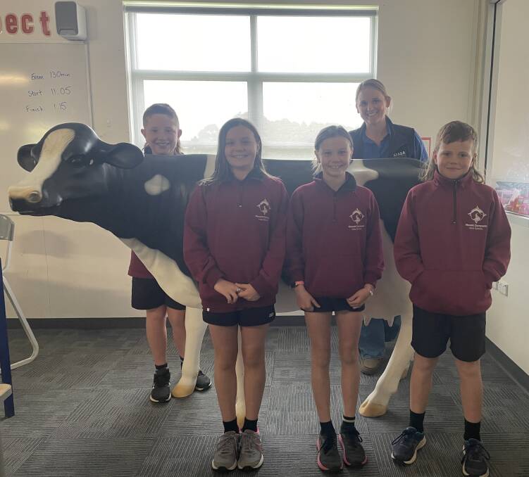 Mount Compass Area School year 6 students Koby Shute, Mikayla Ledgard, Ava Ledgard and Colby Endersby with agriculture teacher Kiara Edwards are excited about the Cows Create Careers program, which is funded by SADA Fresh milk. Picture by Kiara Stacey