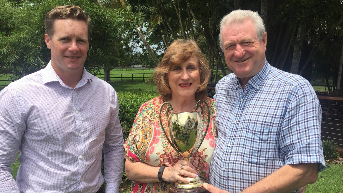Marketing agent Jason Mattiazzi, Ray White Rural, with Neville and Mary Bell and the 1999 Caulfield Cup won by Sky Heights.