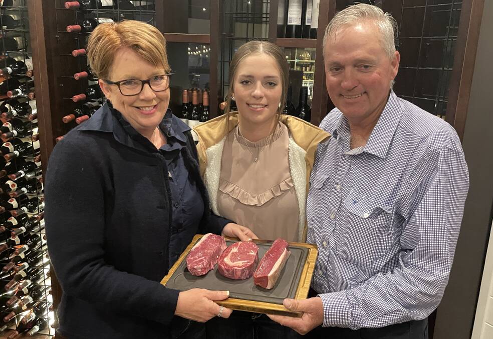 Kellie, Hannah and Mike Kelly, Giligulgul, Guluguba, with steaks from the winning weight gain cattle from the Ekka Paddock to Plate Competition hosted by JBS Australia. Picture Mark Phelps
