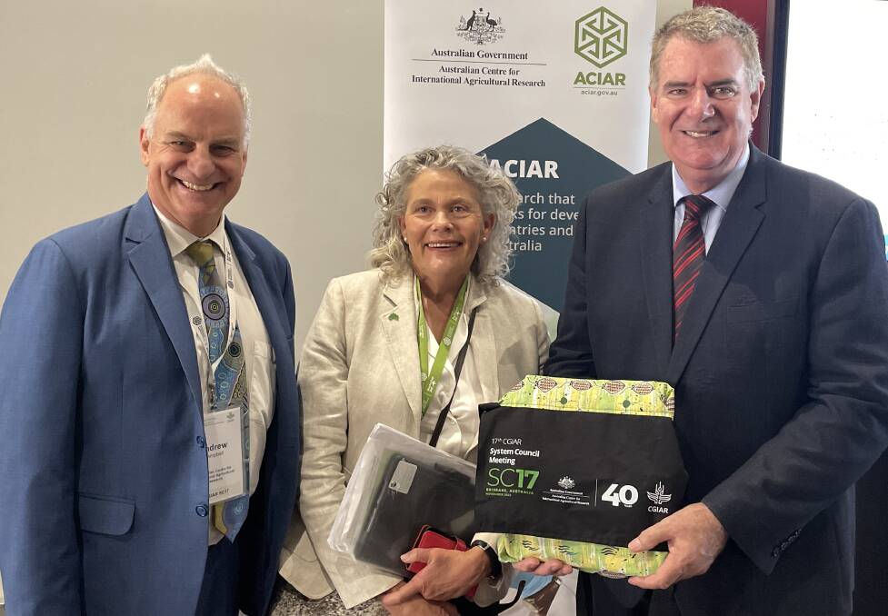 ACIAR CEO Professor Andrew Campbell, National Farmers Federation president Fiona Simson and Queensland Agricultural Industry Development Minister Mark Furner celebrating 40 years of the Australian Centre for International Agricultural Research.