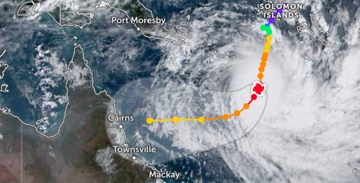 Satellite mapping shows Cyclone Jasper is expected to begin heading west on the weekend but its landing point remains uncertain. Map by zoom.earth