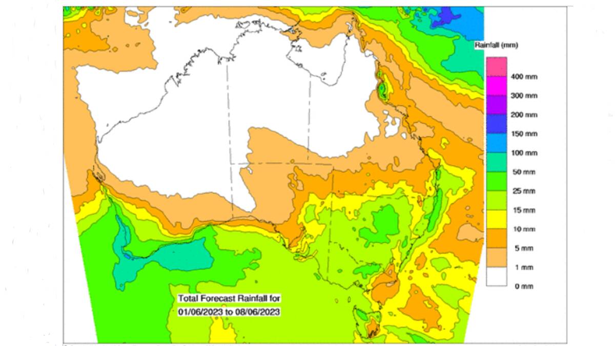 The predicted rainfall for June 1 to June 8. Source - BOM 