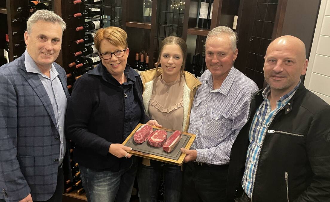 JBS feedlots general manager Michael Finucan with award winning beef producers Kellie, Hannah and Mike Kelly, Giligulgul, Guluguba, and Regatta Hotel executive chef Justin Wise. Picture Mark Phelps