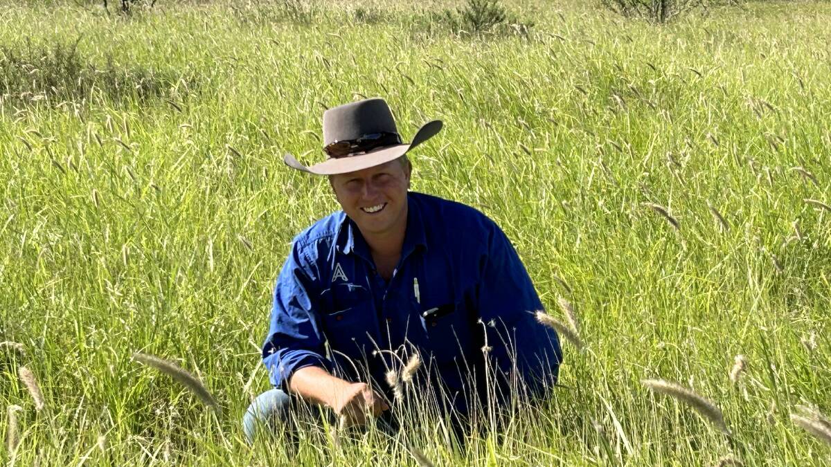Marketing agent Sam Bartlett, Adcock Partners, in buffel grass country on Raceview Station. Picture supplied