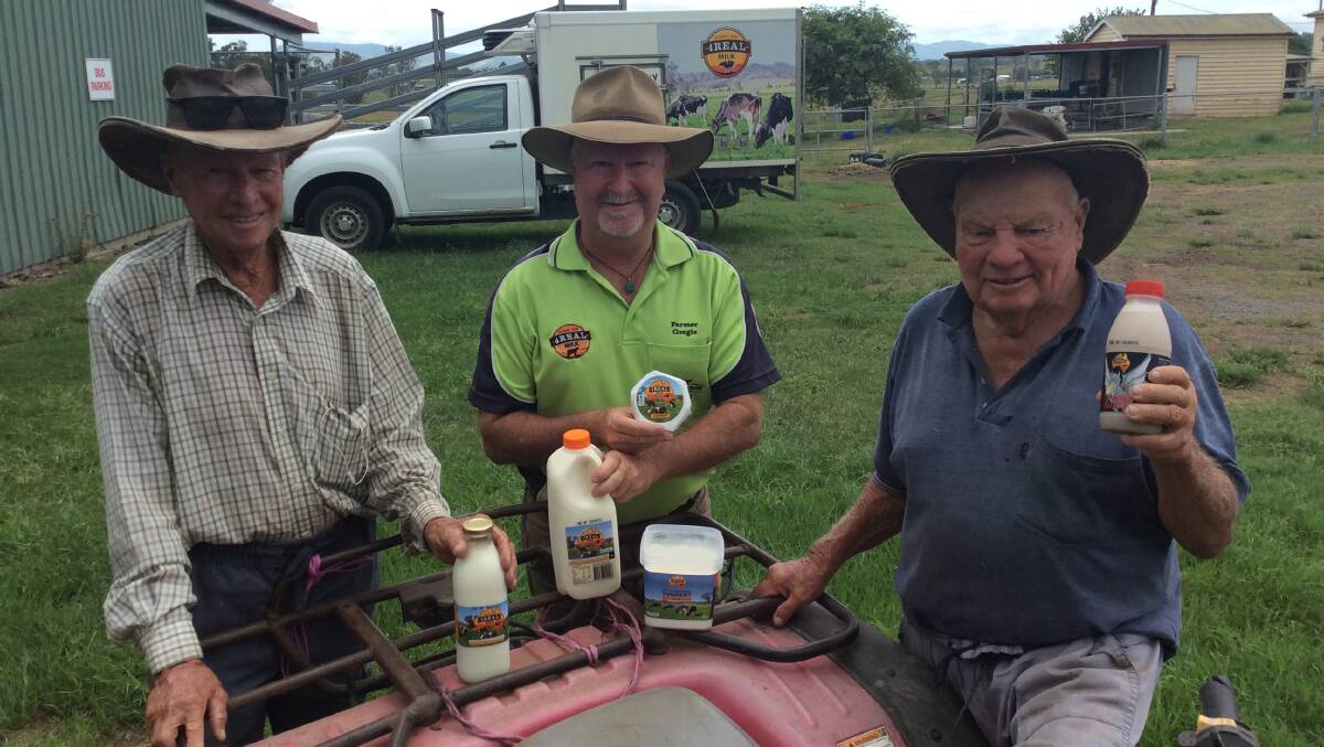 C1 REALTY: Darrell and Ray Dennis, with Greg 'Farmer Gregie' Dennis (centre) the public face of 4Real Milk.