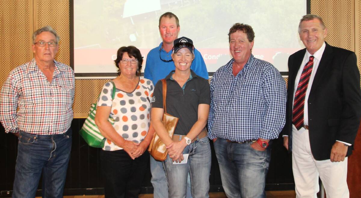 Buyers Brian and Delma Sutton and Brad and Yasmin Vidler with vendor Paul Weir, and auctioneer Daven Vohland, Elders Rural Real Estate, Roma.