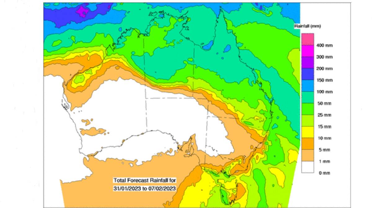 Accumulated rainfall totals expected during the next eight days. Picture - BoM.