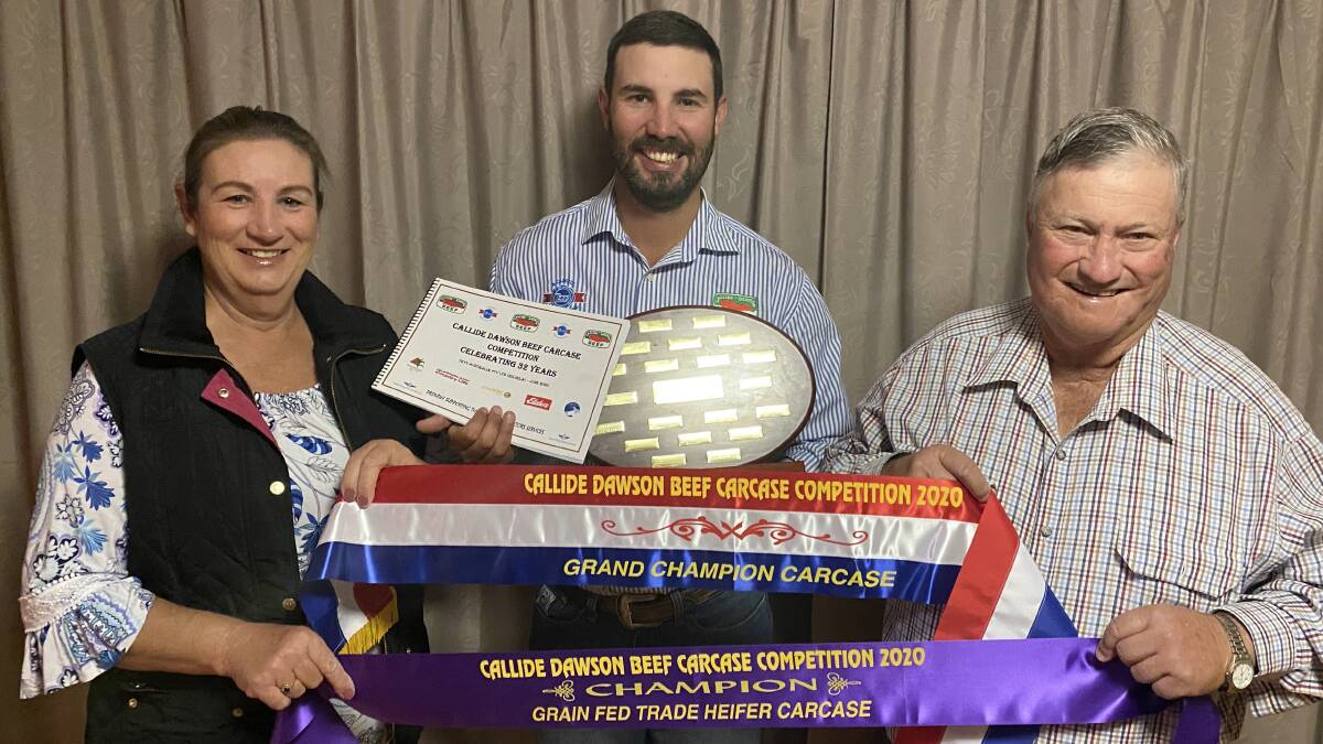 Grand champion carcase exhibitors Joy and Tom Surawski, Mountain View, Boonah, with Callide Dawson Beef Carcase Competition president (and son) Beau Surawski (centre), who works at Teys Australia.