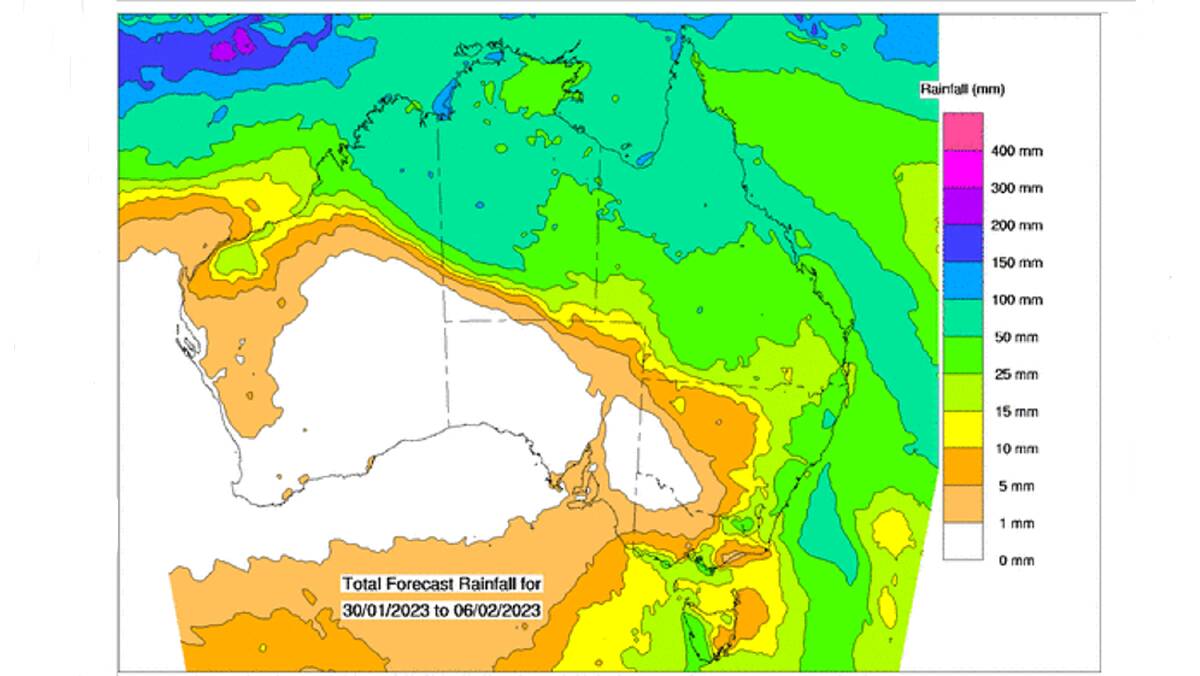 Accumulated rainfall totals for the next eight days. Picture - BoM.