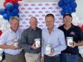Smiling dairy producers and Norco board members at the re-opening of the Lismore ice cream factory: Ken Bryant, Bexhill; Paul Weir Tuncester, chairman Mike Jeffery, Australeden via Kempsey and the modern face of Norco Andrew Wilson, Woodlawn.